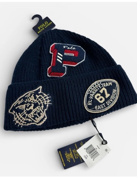 Polo Ralph Lauren Other - Polo Ralph Lauren Navy Blue Tiger Big P Football Patch Knit Beanie Hat NWT Wool
